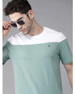 Roadster Men’s Green and White Colourblocked Round Neck Pure Cotton T-Shirt